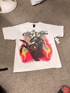 Topshop White Tee with Rearing Horse and Flame Graphic